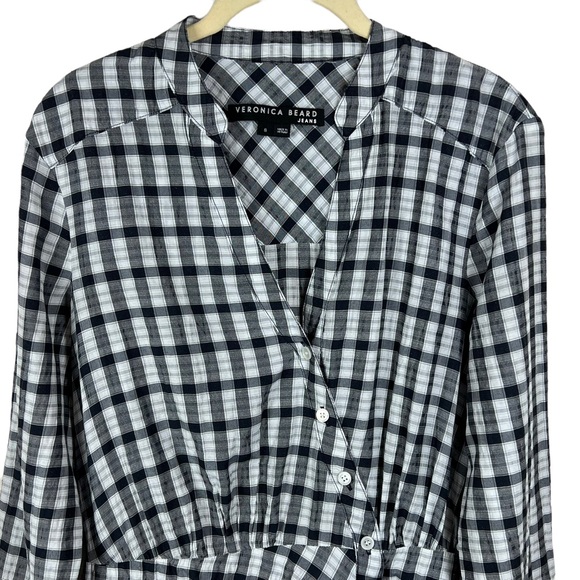 VERONICA BEARD Sherry Crinkled Plaid Mini Dress Size Small Navy Blue White - Picture 4 of 14